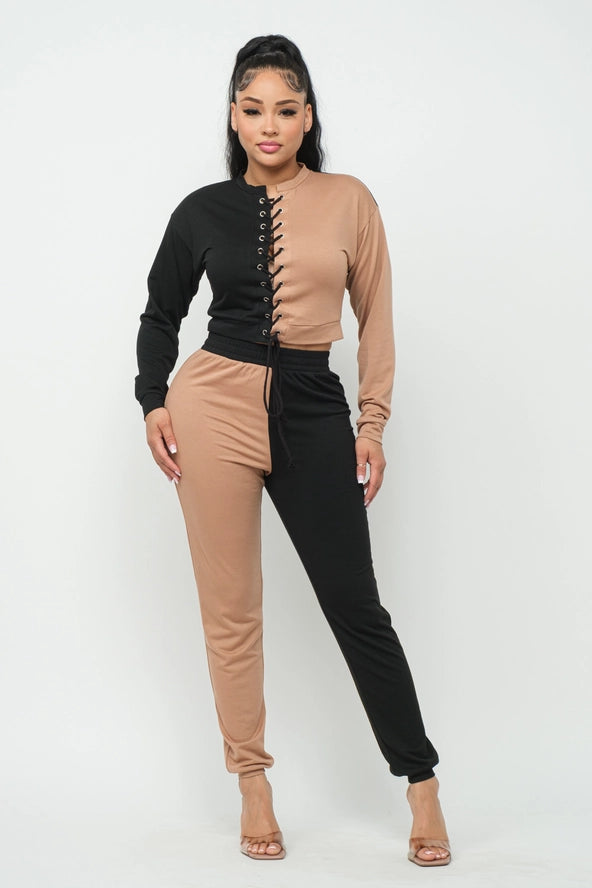 Color Block Eyelet Cross Tie Top and Pants Set
