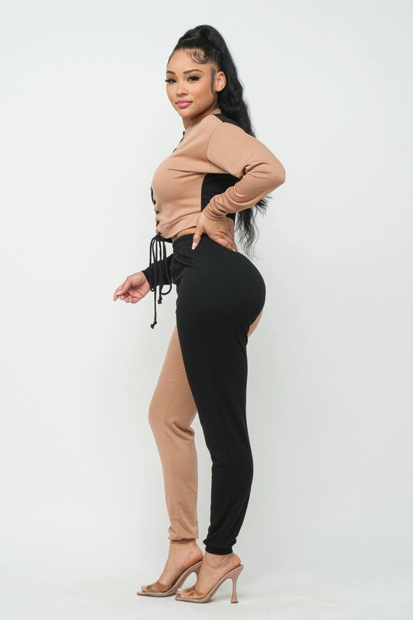 Color Block Eyelet Cross Tie Top and Pants Set