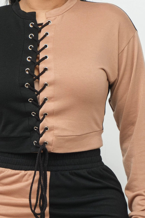 Color Block Eyelet Cross Tie Top and Pants Set