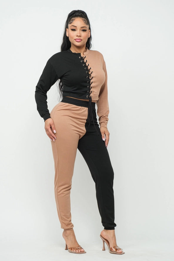 Color Block Eyelet Cross Tie Top and Pants Set