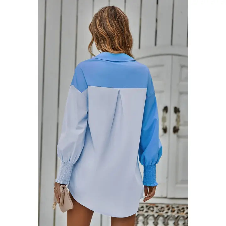 Color Block Button Down Cuffed Sleeve