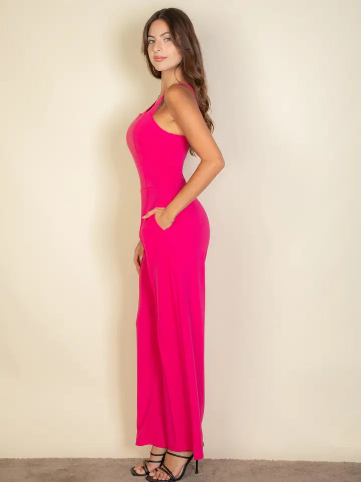 Notched Neck Cami Jumpsuit Fuchsia